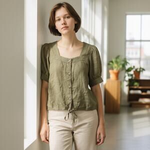 Linen Talbots Sage Green Blouse Prairie Rodeo Western Cottagecore Sz M